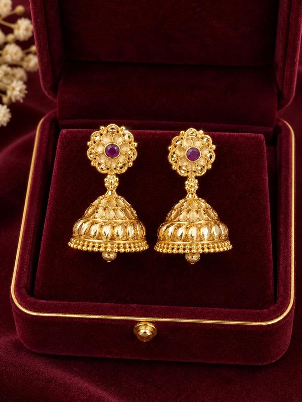 🌸 Royal Floral Ruby Jhumka Earrings