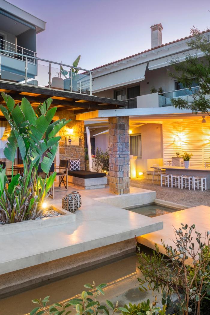 Golden-hour outdoor dining terrace
