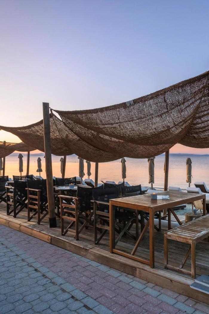 Wide beachfront view with A.bar shade structures