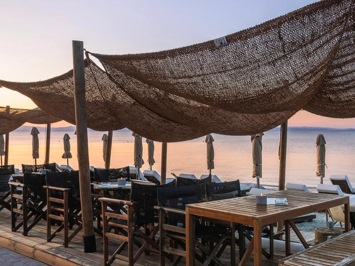 Wide beachfront view with A.bar shade structures