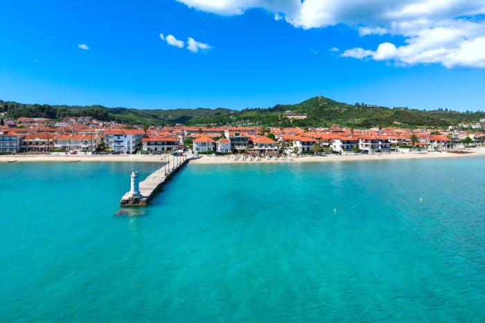 Pefkohori village and pier from above