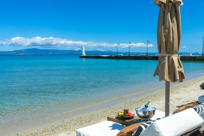 Champagne and fresh fruit served on the beach