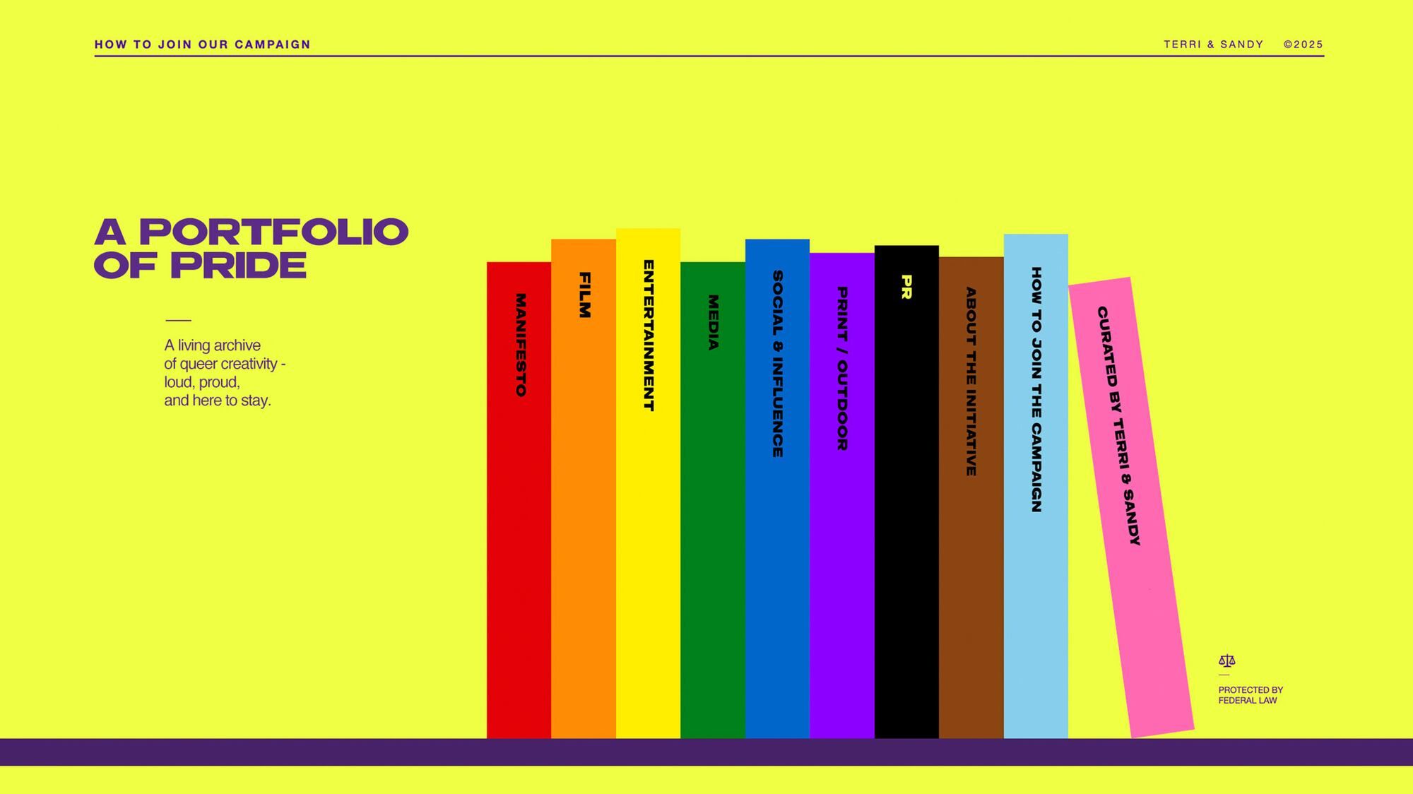 Colorful A Portfolio of Pride graphic featuring a rainbow of categories celebrating queer creativity, curated by Terri & Sandy.