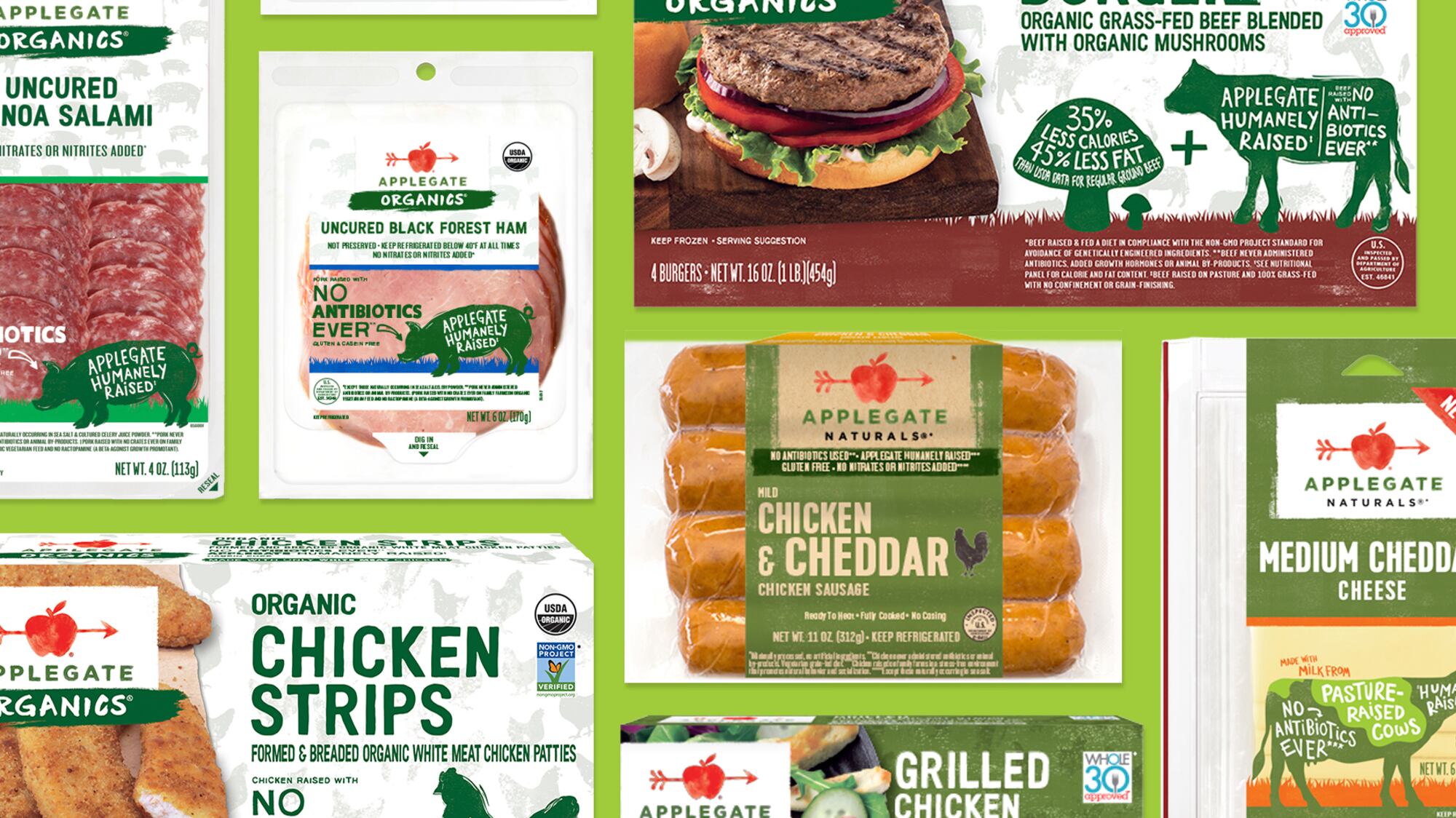 Applegate Organics product packaging featuring deli ham, chicken products, sausage, and cheese.