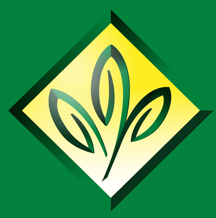 Green leaf emblem inside a yellow diamond on a green background.