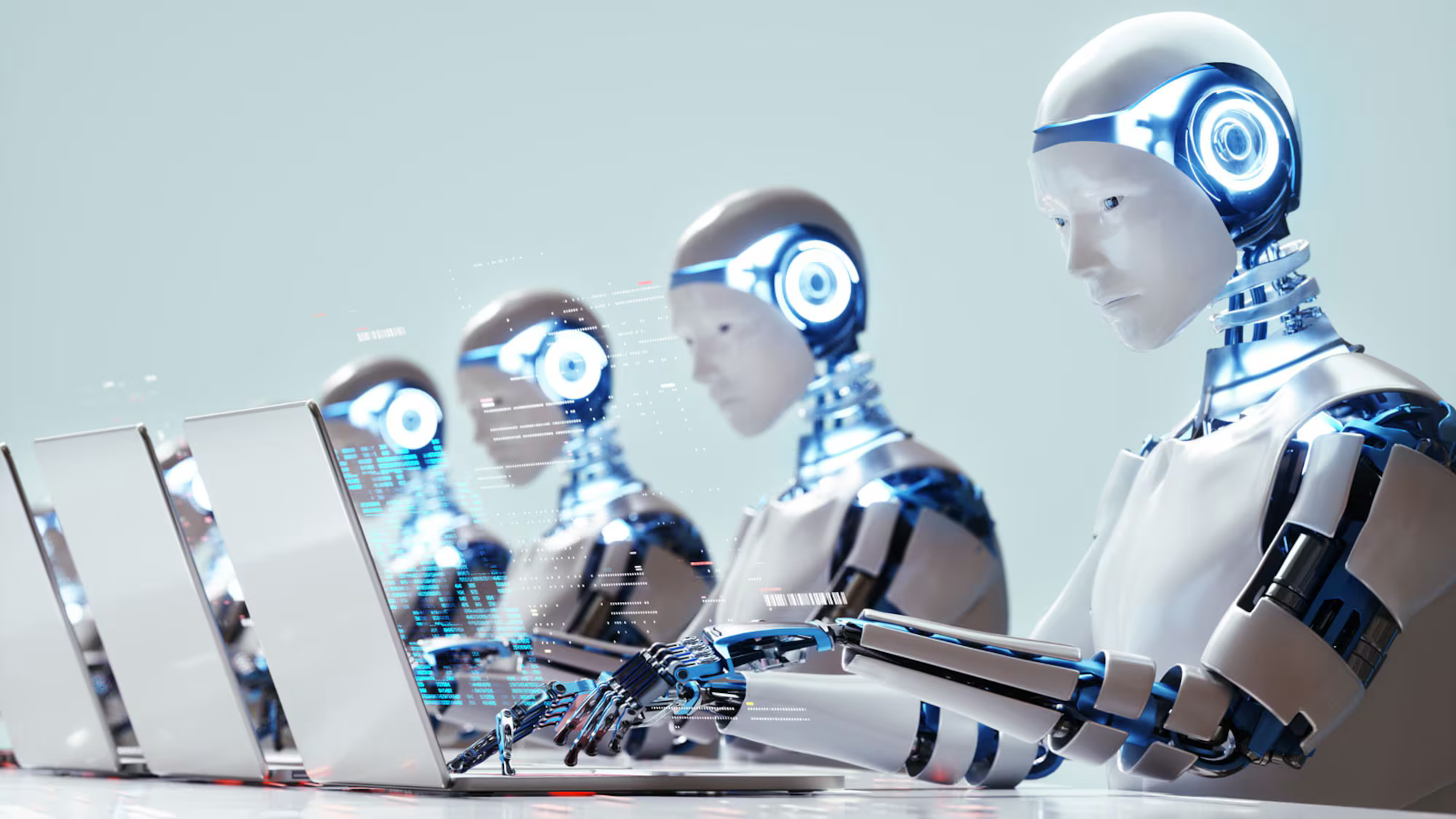 Humanoid robots using laptops in a row, illustrating artificial intelligence and automated work.