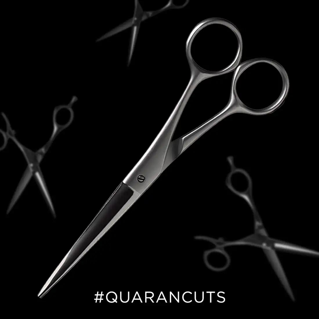 Hair-cutting scissors against a black background with the hashtag QuaranCuts.
