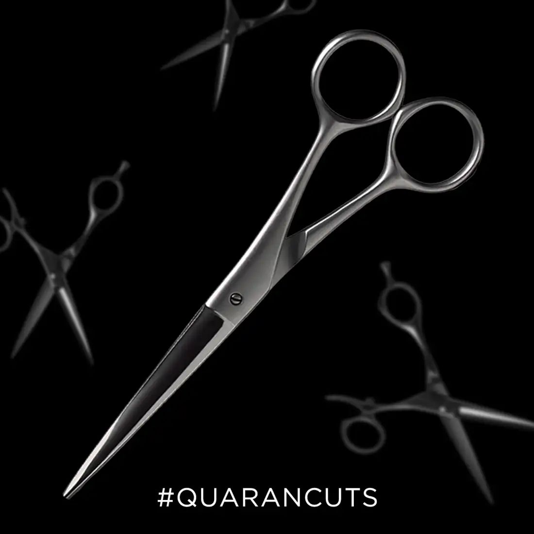 Hair-cutting scissors against a black background with the hashtag QuaranCuts.