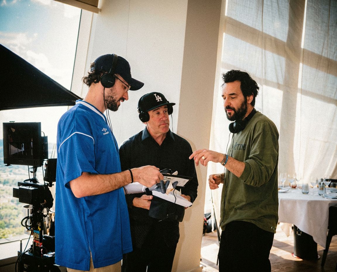 Creative agency production team reviewing campaign assets and content creation plans during a commercial video shoot.