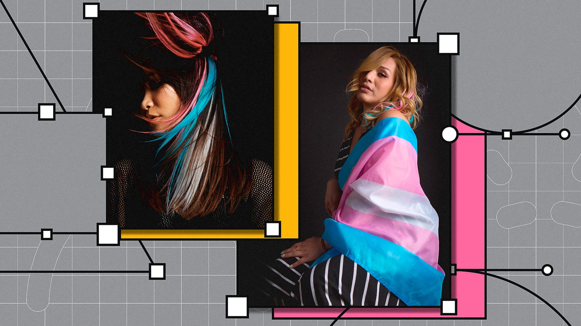 Two people featured in a creative campaign image, one wearing a transgender pride flag as a cape.