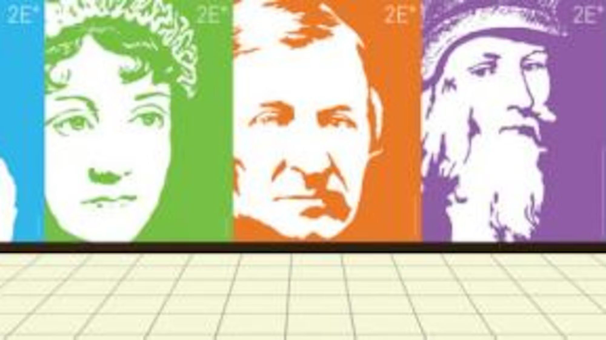 Colorful mural featuring illustrated portraits of historical figures in green, orange, and purple panels.