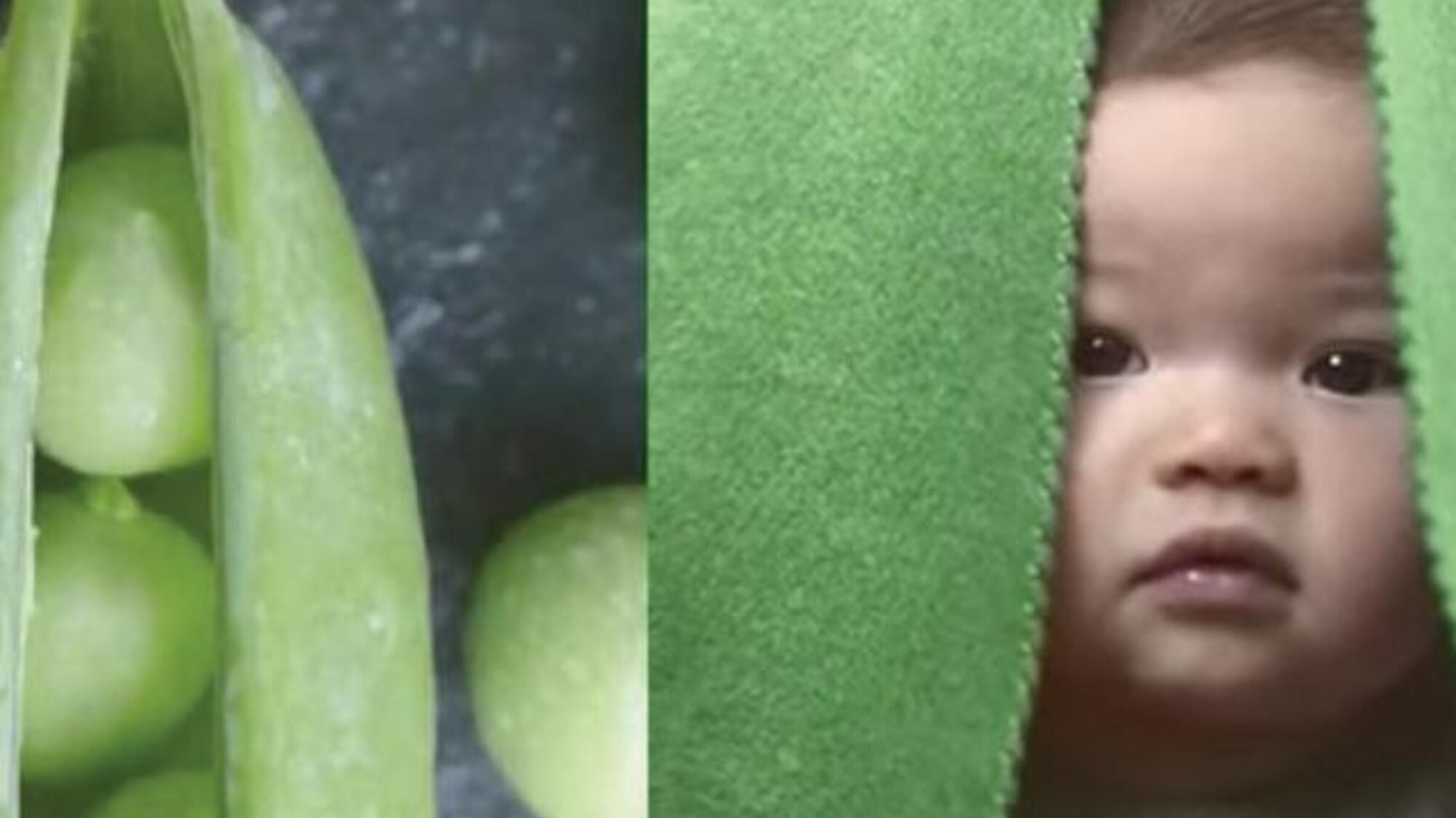 Split image showing green peas in a pod and a baby peeking through green fabric.