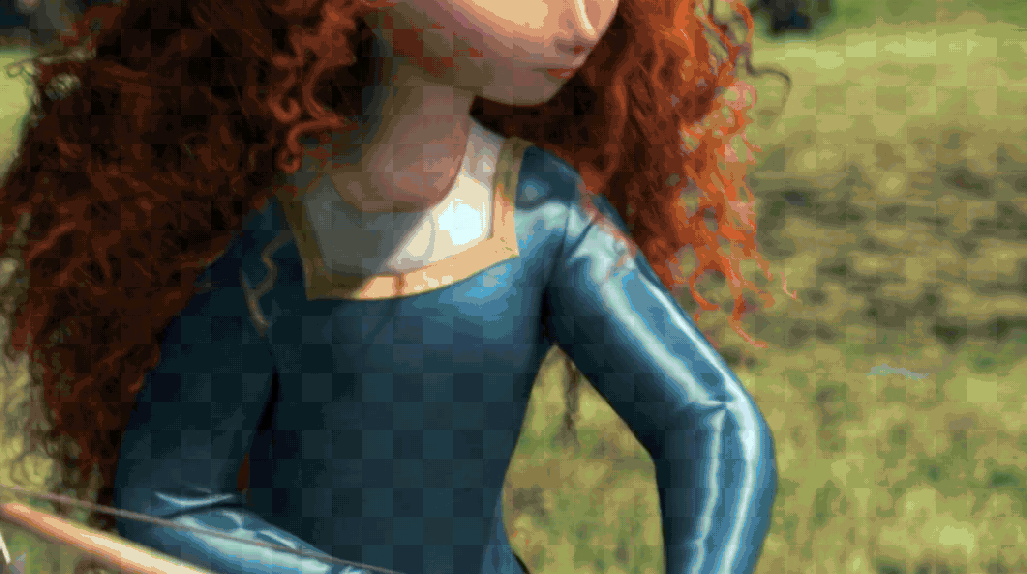Disney Princess Merida aiming a Disney Princess Merida aiming a bow and arrow alongside a young girl imitating her archery skills.bow and arrow alongside a young girl imitating her archery skills.