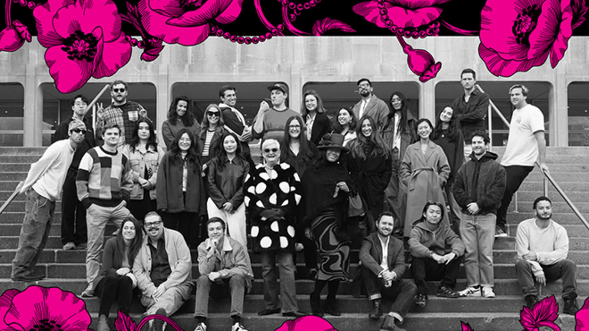 Black-and-white group photo of the Terri & Sandy team on outdoor steps, framed by bright pink floral graphics.