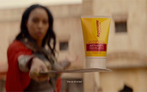 Aspercreme arthritis pain relief gel featured in a sword-fighting television commercial.