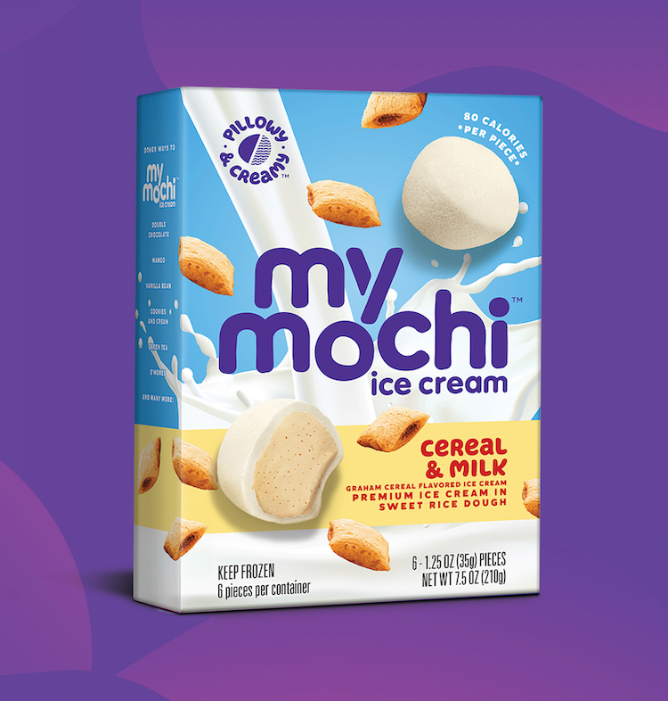 My/Mochi Cereal & Milk ice cream packaging featuring mochi ice cream pieces and graham cereal imagery against a purple background.