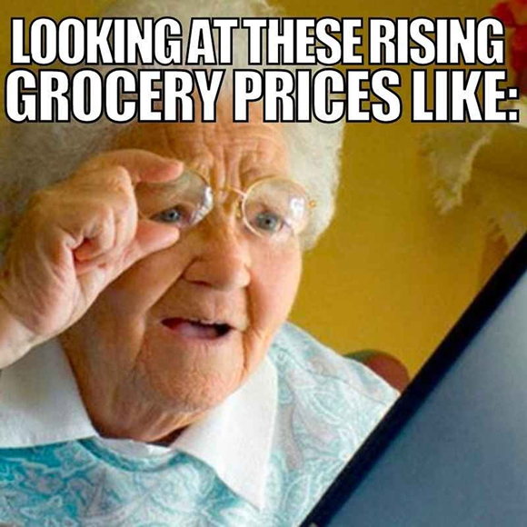 BJ’s meme featuring a surprised elderly woman reacting to rising grocery prices with the caption “Looking at these rising grocery prices like:”