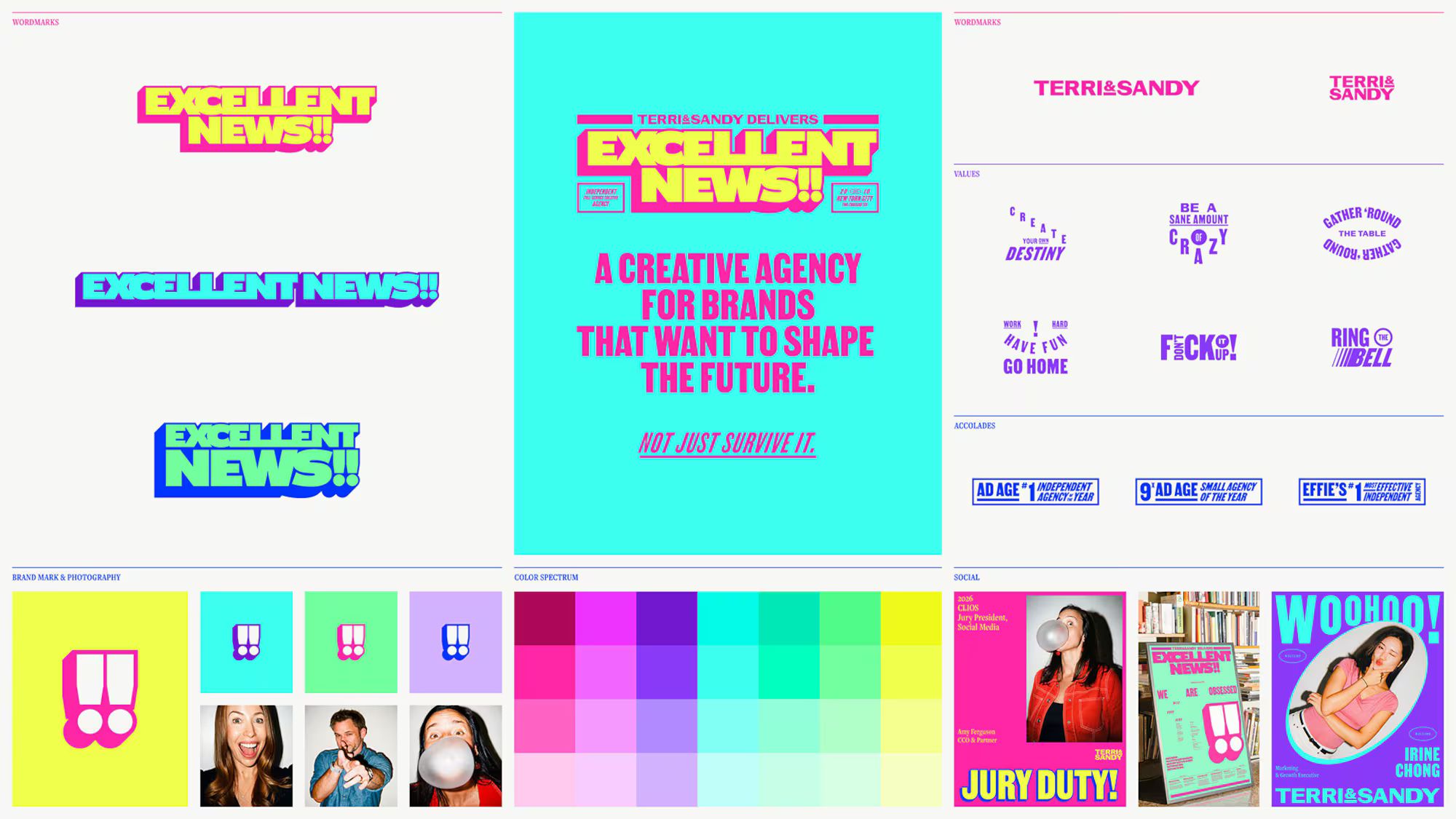 Terri & Sandy’s Excellent News rebrand: bright wordmarks, double-exclamation brand mark, color palette, values, and social posts.