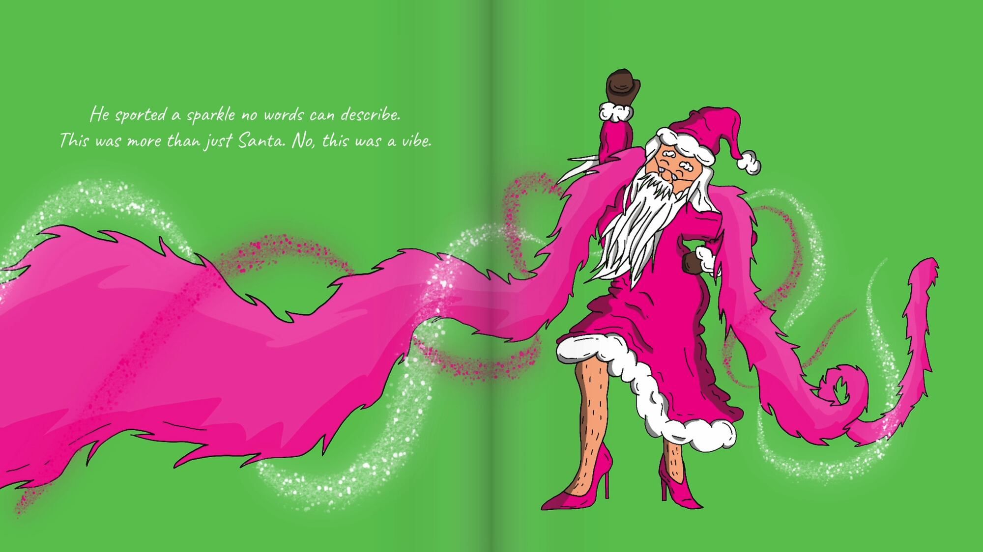 Illustration of Santa in a bright pink outfit against a green background for a playful holiday advertising campaign.