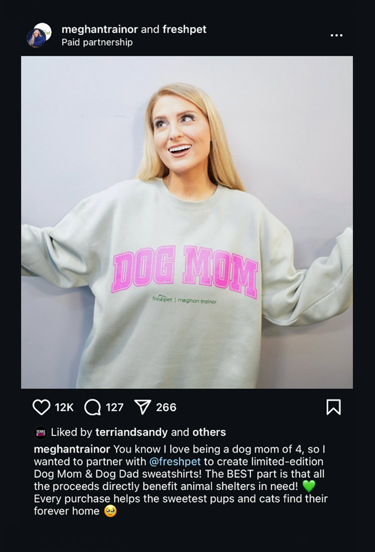 Mobile social posts featuring Meghan Trainor and a dog for Freshpet's Dog Mom campaign.