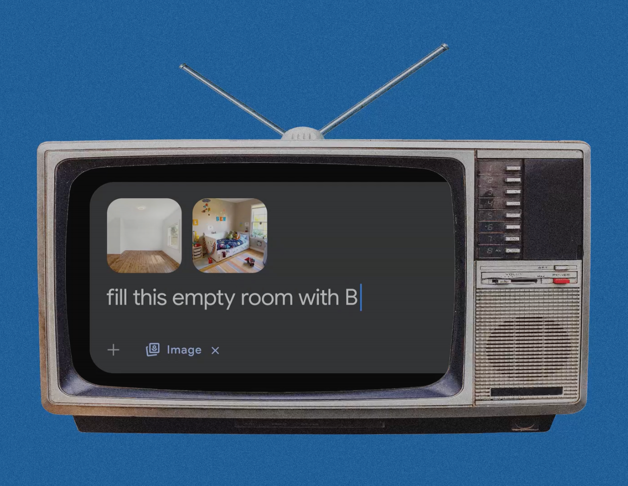 Vintage television graphic showing an AI image-generation prompt to furnish an empty room using a reference image.