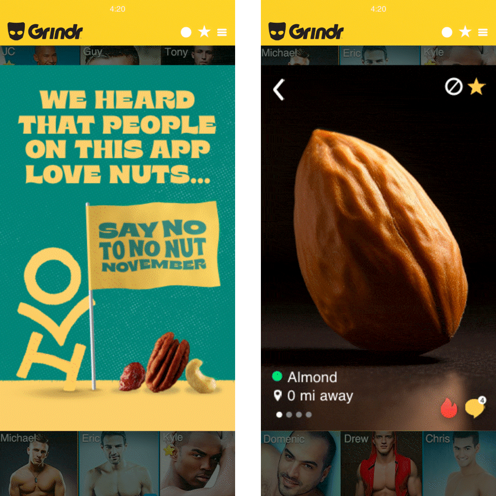 Mobile Grindr placement promoting Orchard Valley Harvest's Say No to No Nut November campaign.