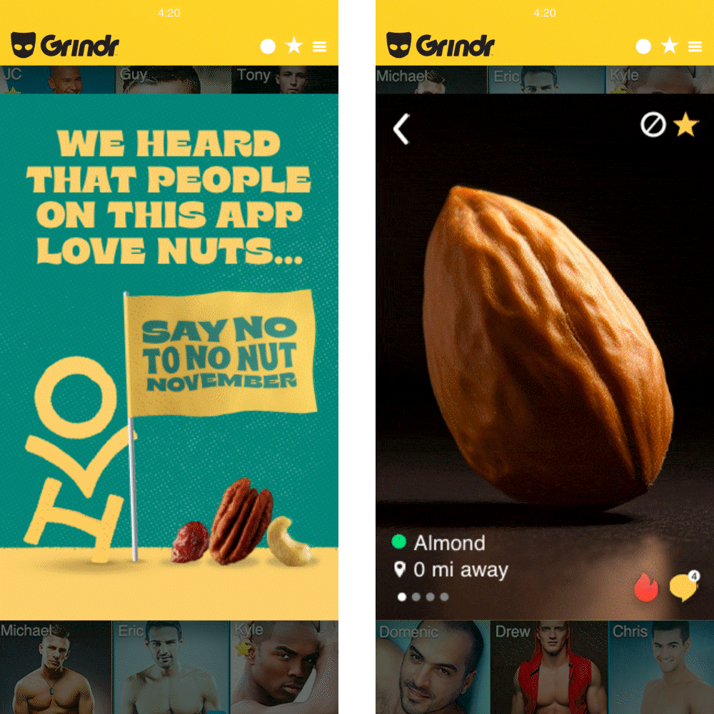 Mobile Grindr placement promoting Orchard Valley Harvest's Say No to No Nut November campaign.