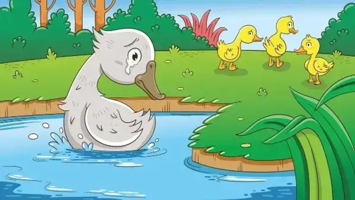 The ugly duckling stuck in the frozen winter pond kids story