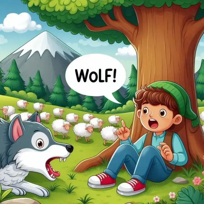 A wolf attacking the sheep while the boy cries for help