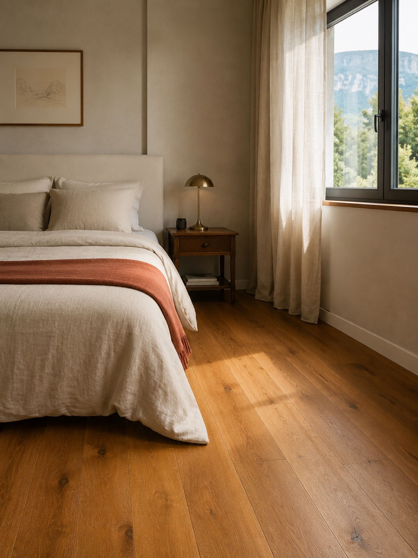Chambre du même appartement — continuité du parquet contrecollé chêne