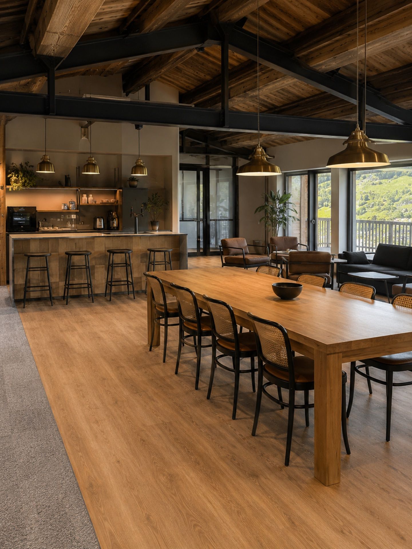 Espace cafétéria / lounge — stratifié chêne et bar coffee