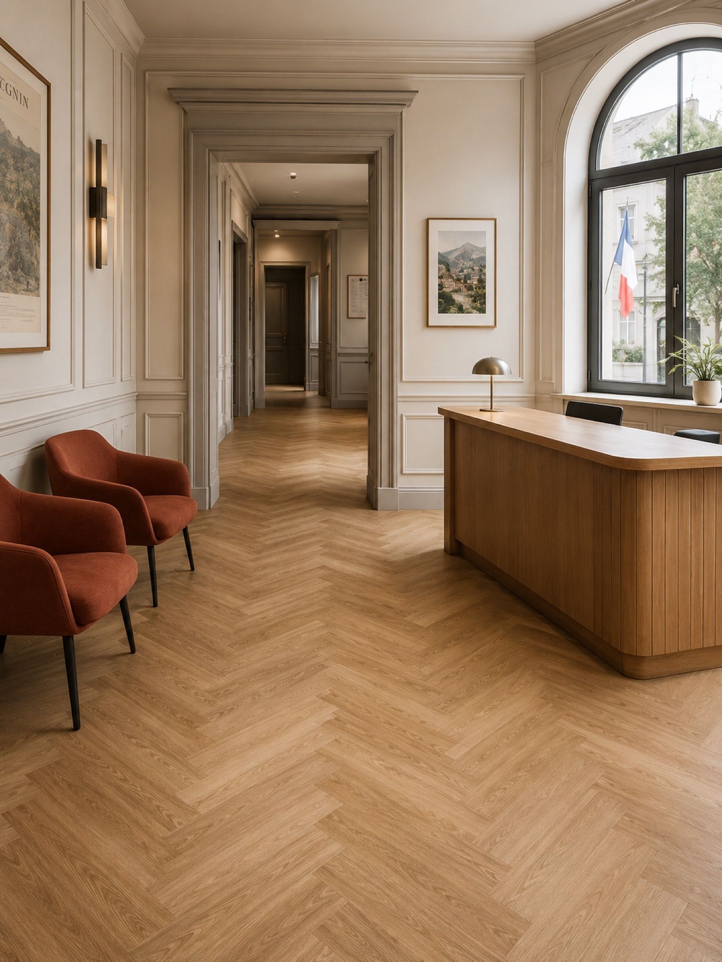 Hall d'accueil de la mairie de Cognin — LVT chevron et mobilier d'accueil terracotta