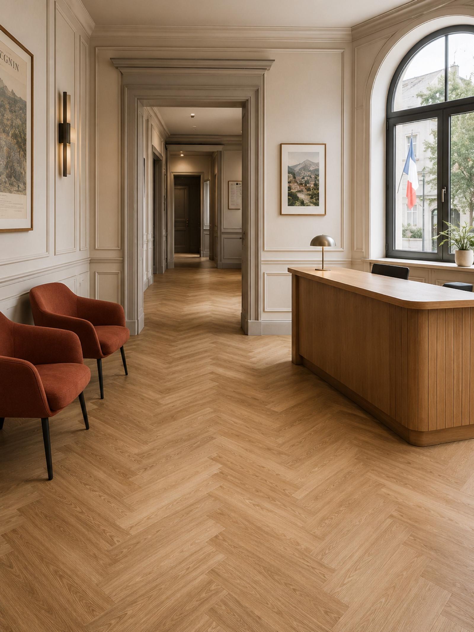 Hall d'accueil de la mairie de Cognin — PVC chevron et mobilier d'accueil terracotta