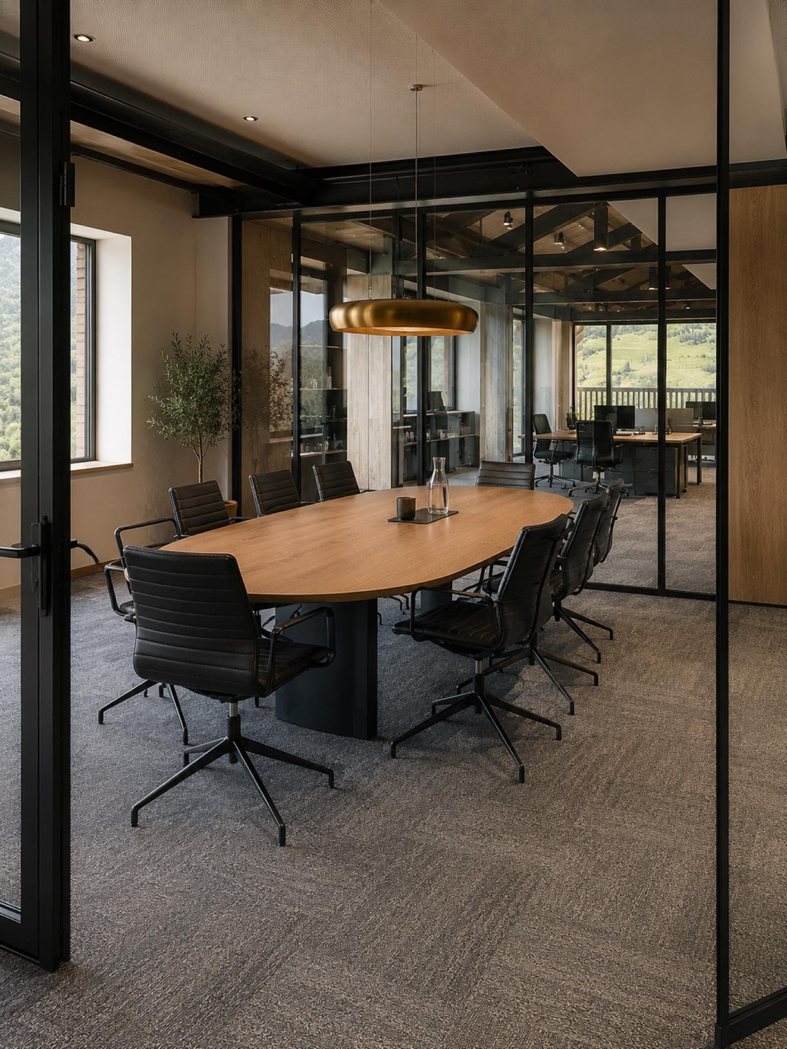 Salle de réunion vitrée — moquette acoustique tertiaire et table oak