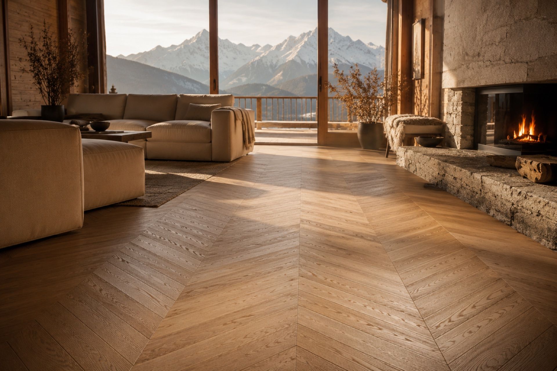 Pose chevron point de Hongrie · chantier chalet en Savoie avec vue Mont Blanc