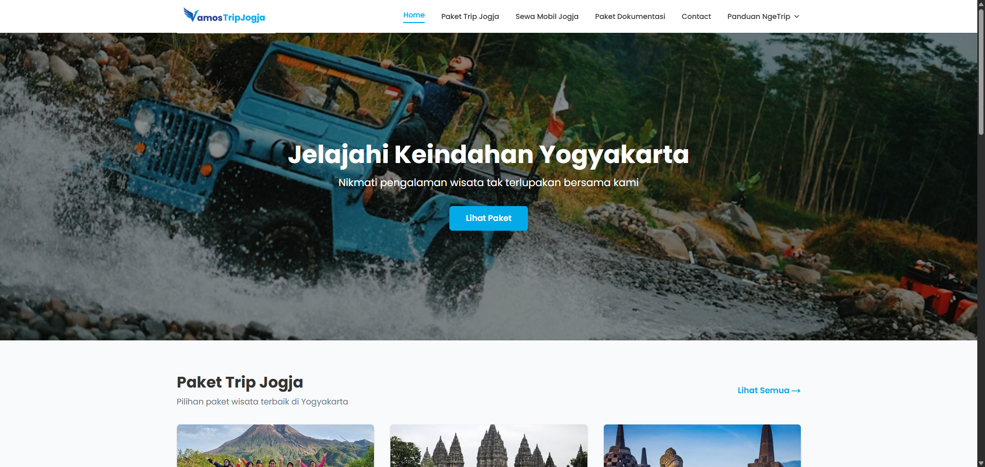 Tampilan website VamosTripJogja untuk booking paket wisata, sewa mobil, dan dokumentasi di Yogyakarta