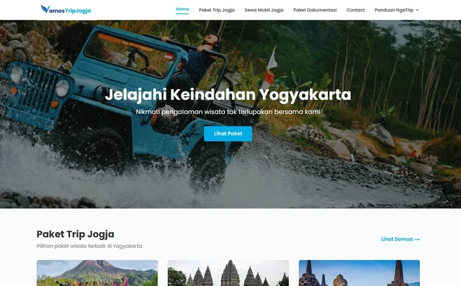 Tampilan website VamosTripJogja untuk booking paket wisata, sewa mobil, dan dokumentasi di Yogyakarta