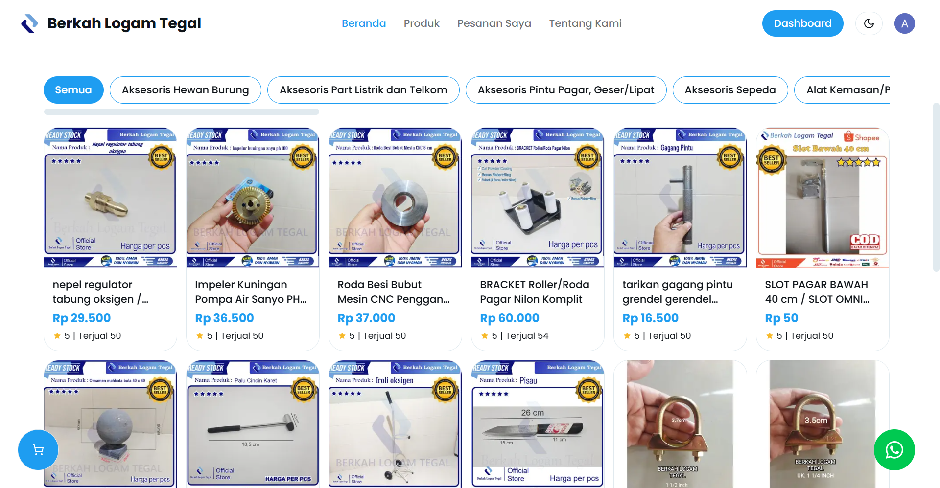 Tampilan website e-commerce Berkah Logam Tegal dengan katalog produk logam dan dashboard admin