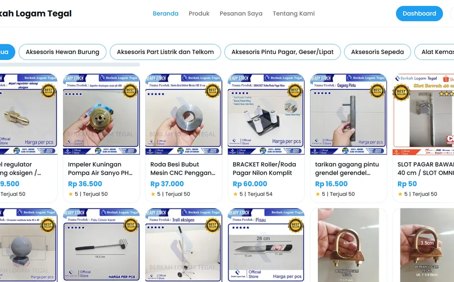 Tampilan website e-commerce Berkah Logam Tegal dengan katalog produk logam dan dashboard admin
