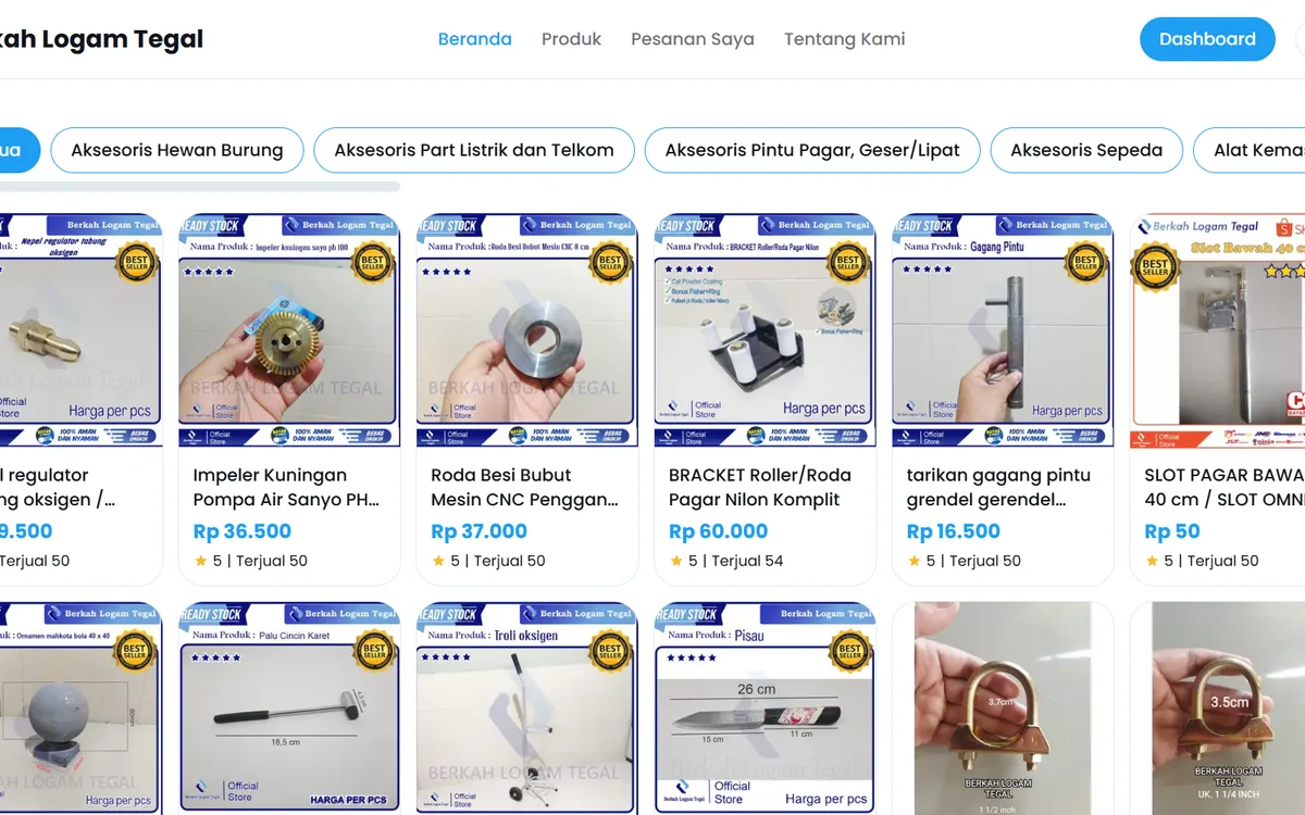 Tampilan website e-commerce Berkah Logam Tegal dengan katalog produk logam dan dashboard admin