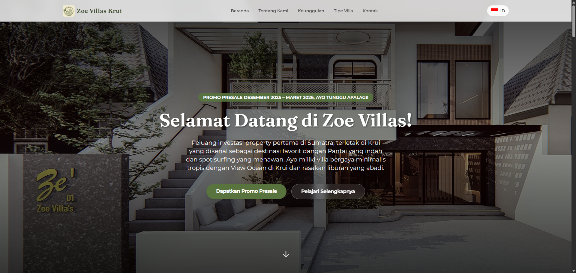 Tampilan landing page Zoe Villas Krui dengan visual villa tropis ocean view