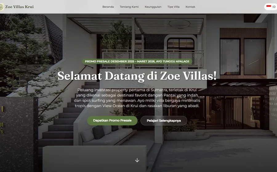 Tampilan landing page Zoe Villas Krui dengan visual villa tropis ocean view