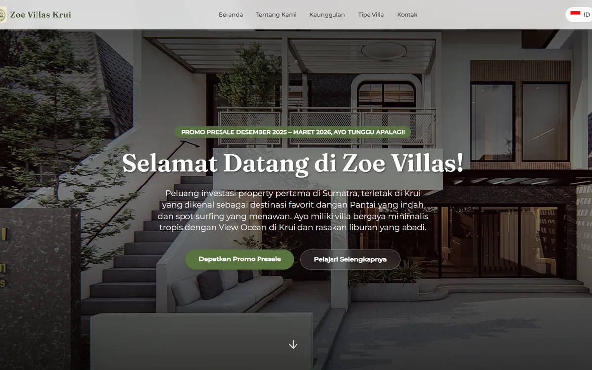 Tampilan landing page Zoe Villas Krui dengan visual villa tropis ocean view