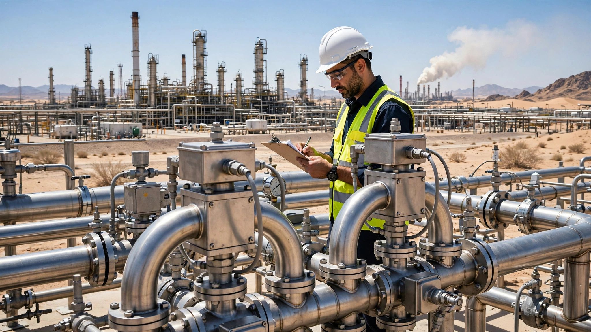 مورد مقاييس التدفق في الشرق الأوسط: مهندس يراجع مواصفات مقياس التدفق الكتلي كوريوليس في مصفاة نفط صحراوية