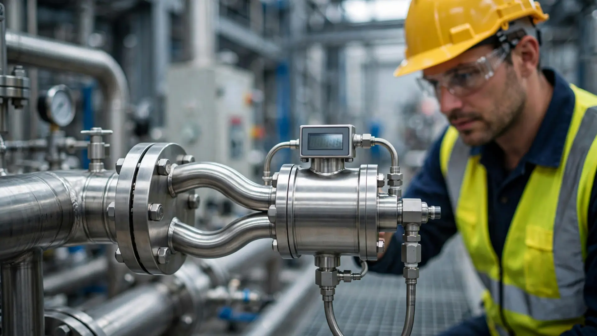 Engineer inspecting Coriolis mass flowmeter installation - selection guide