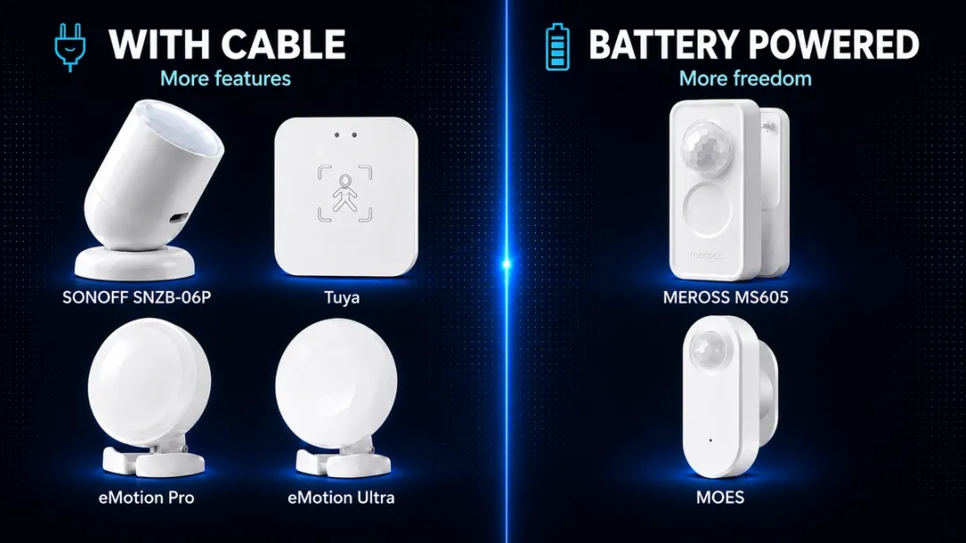 Comparison table of wired and battery-powered presence sensors for Home Assistant