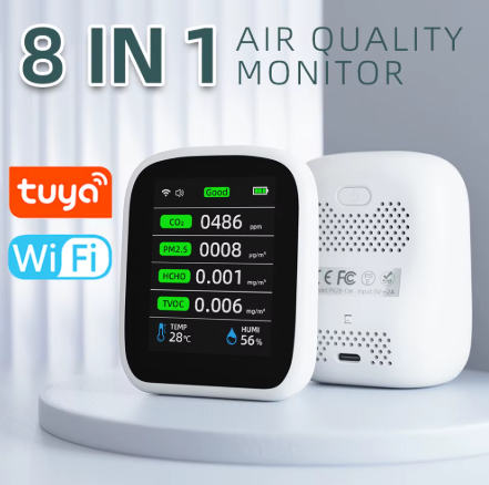 Monitor de calidad del aire Tuya 8 en 1 con pantalla LCD, WiFi, CO2, PM2.5, TVOC, HCHO, temperatura y humedad