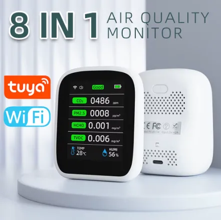 Monitor de calidad del aire Tuya 8 en 1 con pantalla LCD, WiFi, CO2, PM2.5, TVOC, HCHO, temperatura y humedad