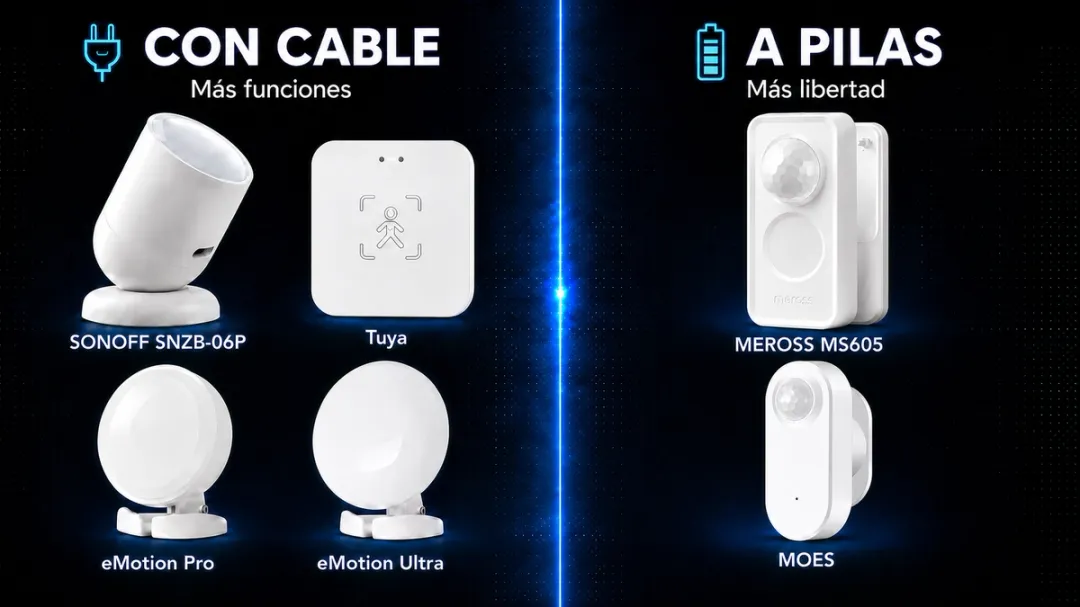 Tabla comparativa de sensores de presencia a pilas y con cable