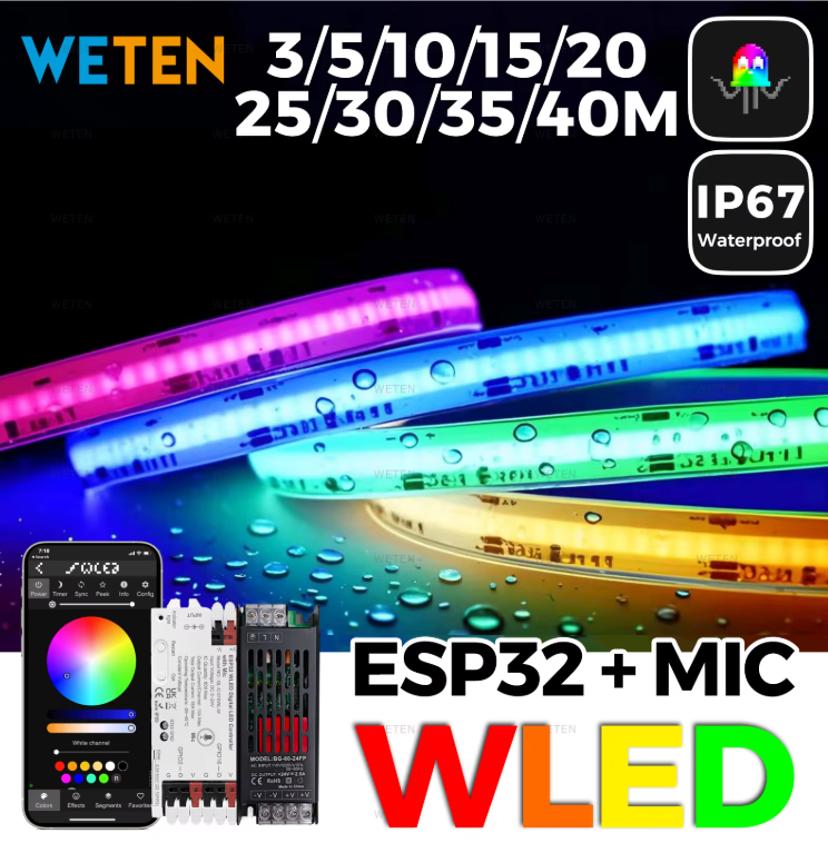 Kit WLED RGBIC COB impermeable 24V con controlador ESP32, micrófono y tira LED WS2811 en tubo de silicona